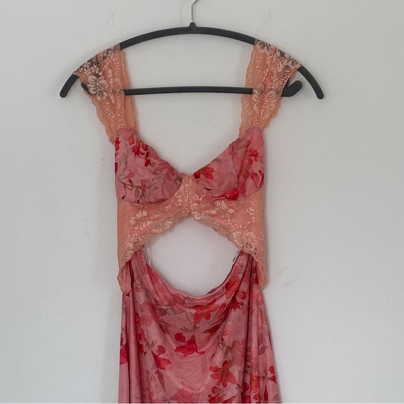 NWOT Lulus Endlessly Cute Pink Orange Floral Mesh Cutout Lace Bustier Maxi Dress - Picture 7 of 12